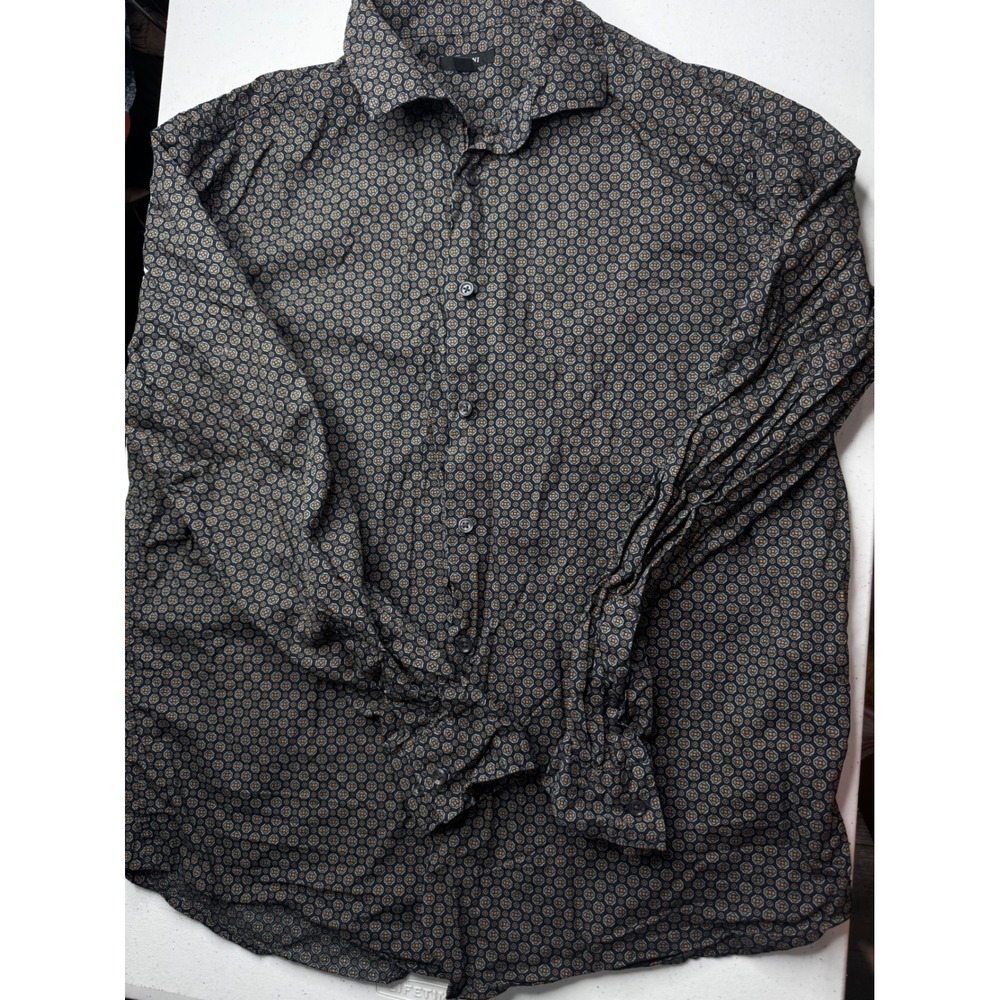 Alfani Mens Cotton Button Down Shirt Large Medallion Print Long Sleeve Navy Grey
